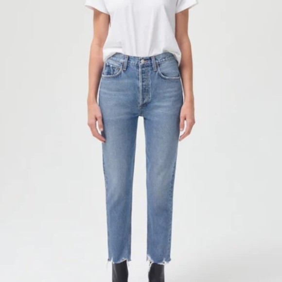 Agolde Denim - Agolde Riley High Rise Straight Leg Crop Cutoff Jeans Blue Denim Size 23